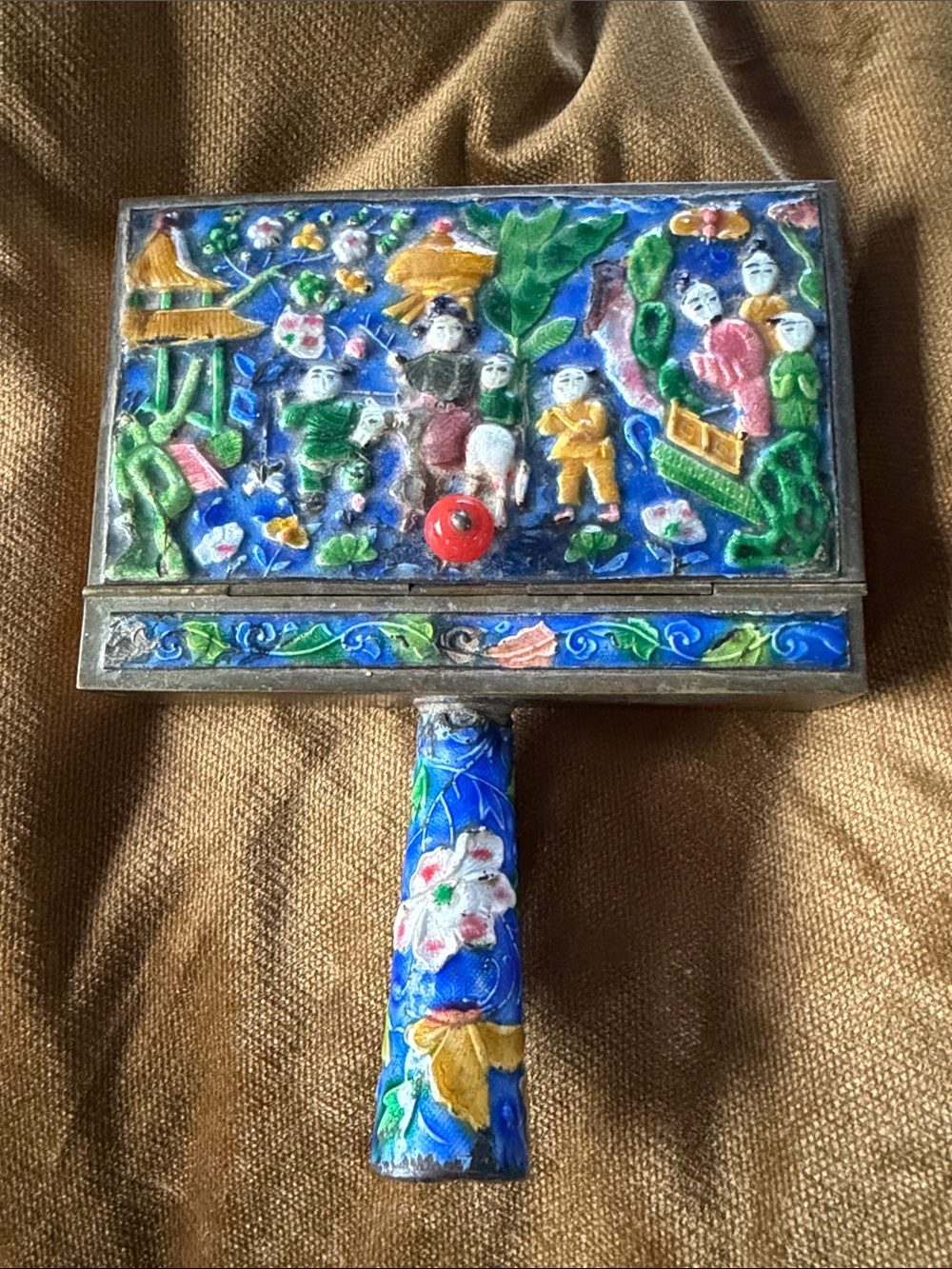 Antique Chinese Cloisonné Brass Silent Butler Table Crumb Catcher